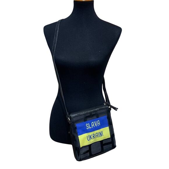 Upcycled Hand Printed Ukraine Flag Slava Ukraini Artist Fundraiser Crossbody Bag - Picture 2 of 6